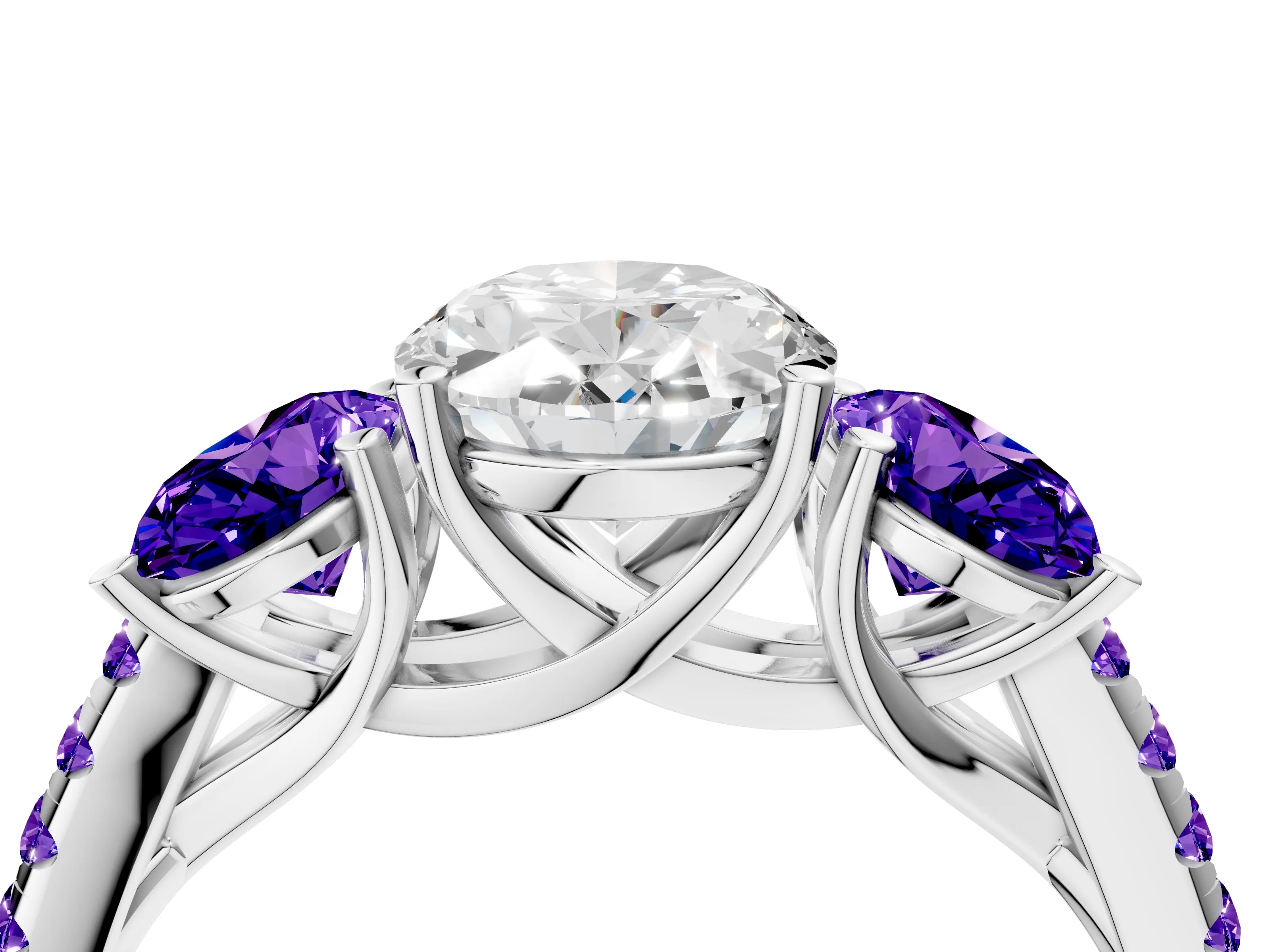 White gold Three-Stone Oval Cut Diamond Ring with Round with Tanzanite side stone Pavé Band and Prong Setting_4
