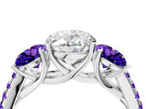 White gold Three-Stone Oval Cut Diamond Ring with Round with Tanzanite side stone Pavé Band and Prong Setting_4