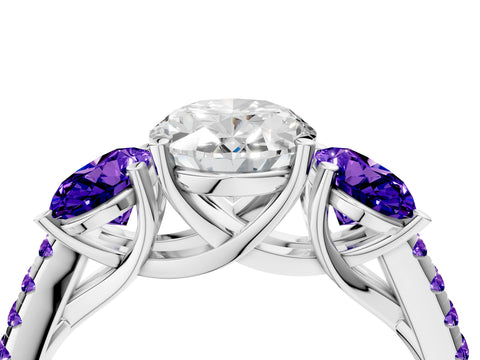 White gold Three-Stone Oval Cut Diamond Ring with Round with Tanzanite side stone Pavé Band and Prong Setting_4