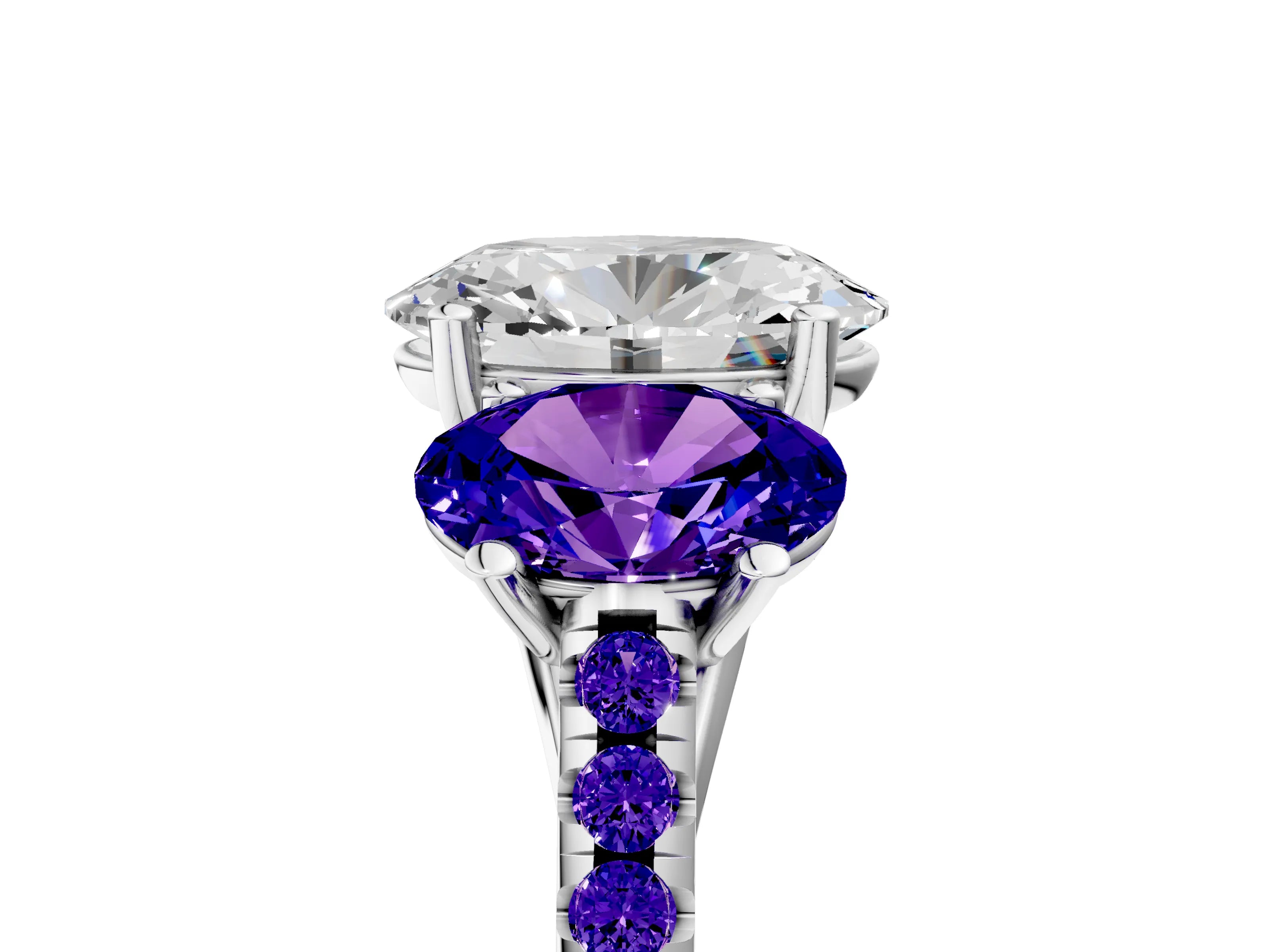 White gold Three-Stone Oval Cut Diamond Ring with Round with Tanzanite side stone Pavé Band and Prong Setting_5
