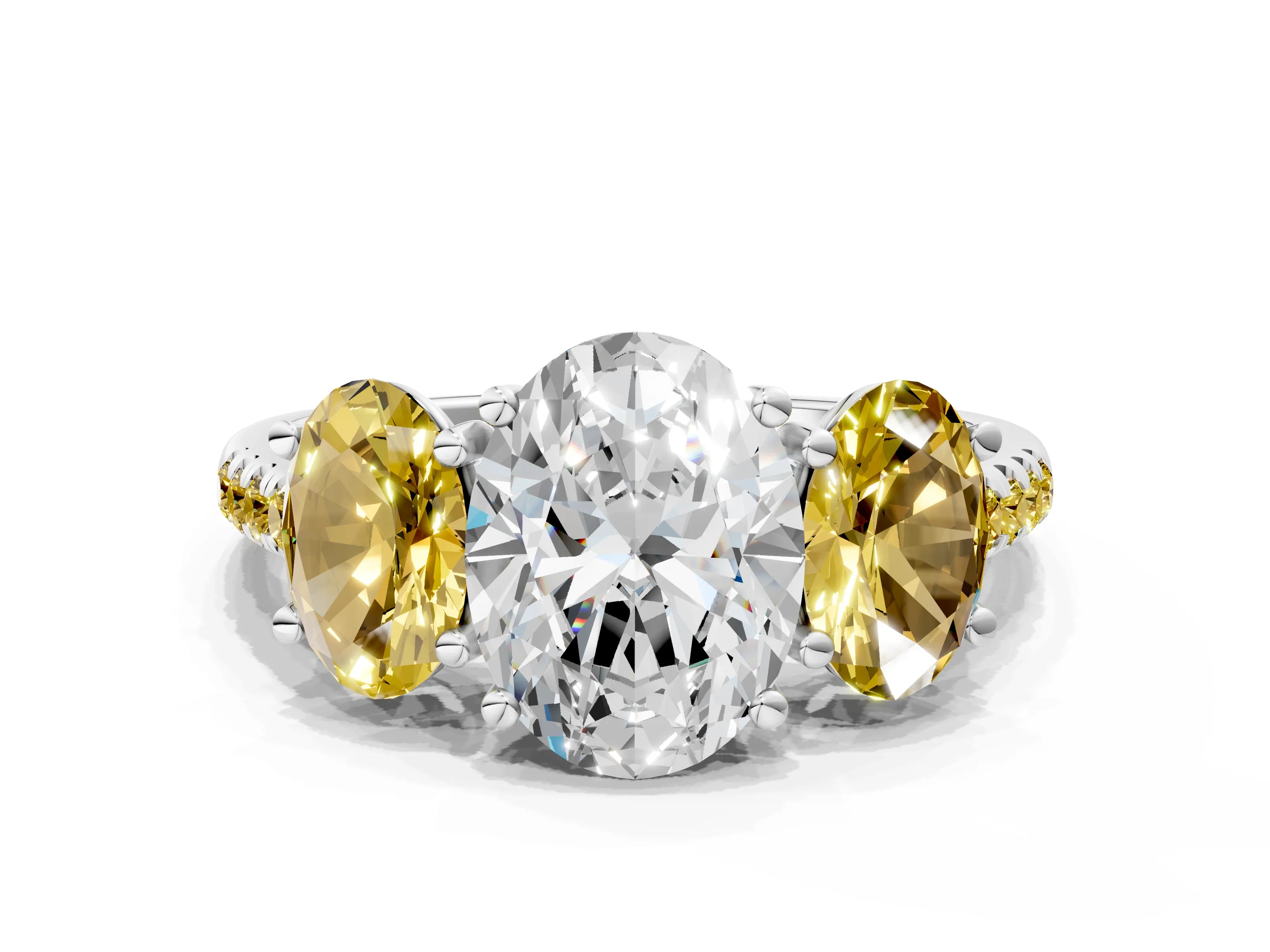 White gold Three-Stone Oval Cut Diamond Ring with Round with Yellow Sapphire side stone Pavé Band and Prong Setting