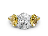 White gold Three-Stone Oval Cut Diamond Ring with Round with Yellow Sapphire side stone Pavé Band and Prong Setting_12