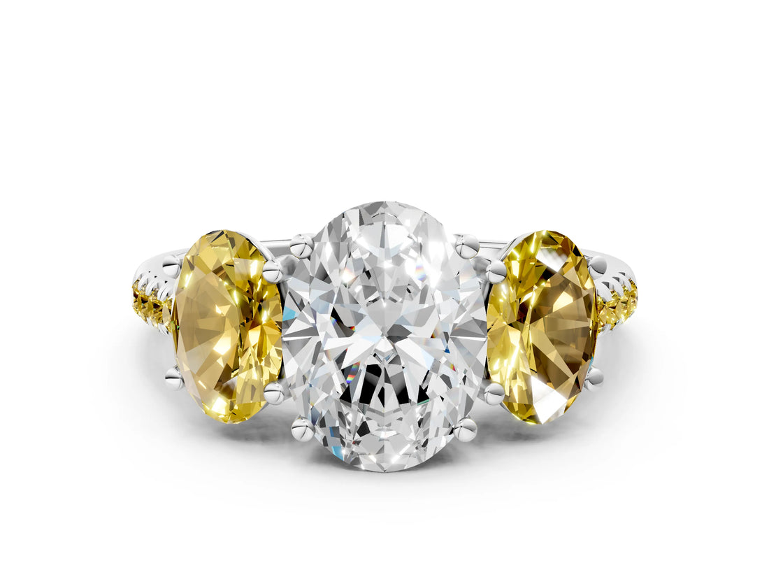 White gold Three-Stone Oval Cut Diamond Ring with Round with Yellow Sapphire side stone Pavé Band and Prong Setting_12