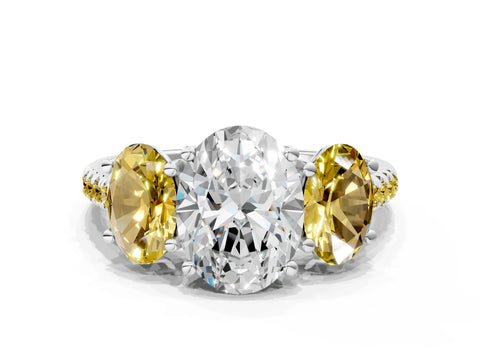 White gold Three-Stone Oval Cut Diamond Ring with Round with Yellow Sapphire side stone Pavé Band and Prong Setting
