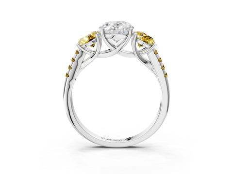 White gold Three-Stone Oval Cut Diamond Ring with Round with Yellow Sapphire side stone Pavé Band and Prong Setting_3
