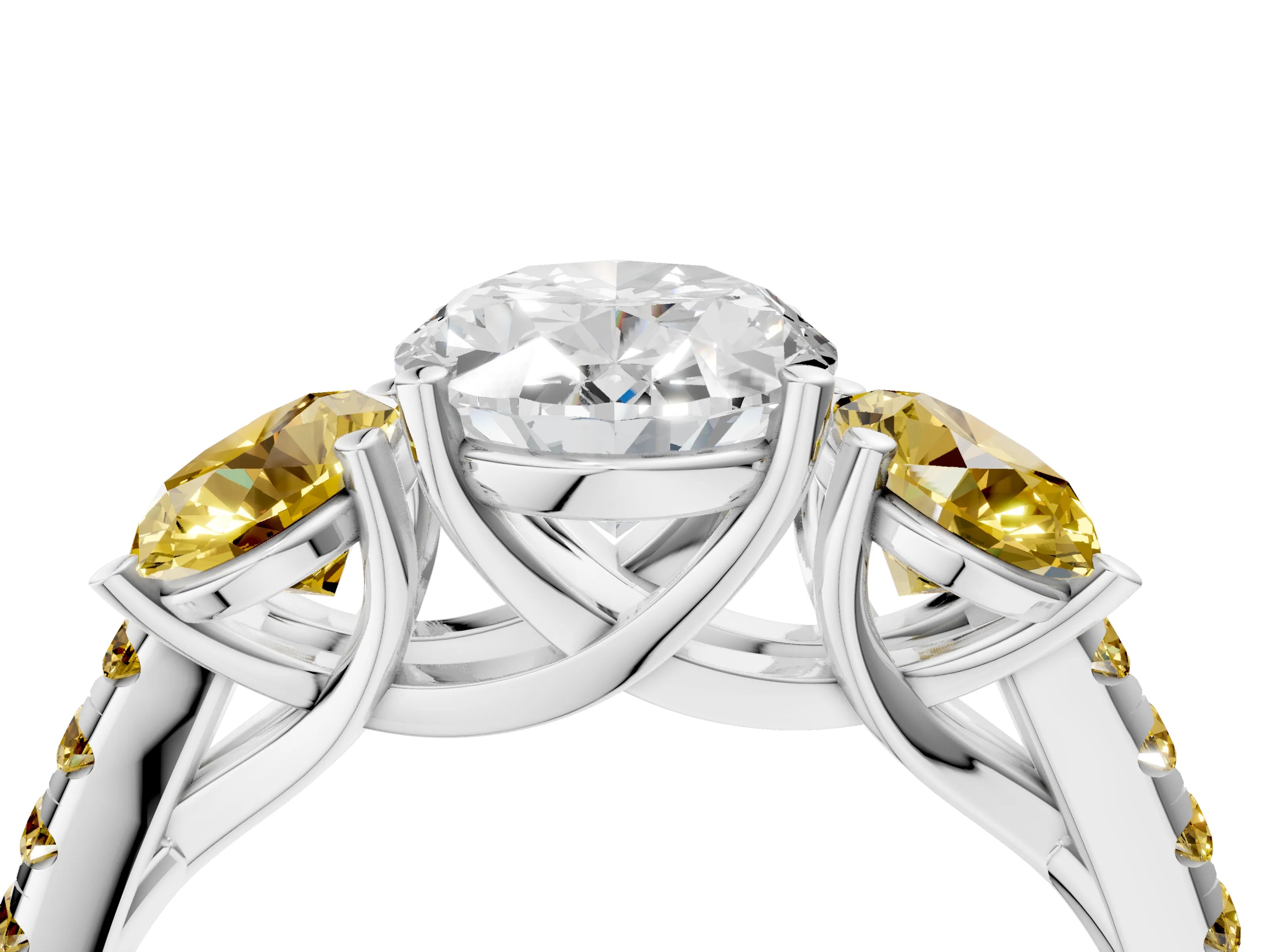 White gold Three-Stone Oval Cut Diamond Ring with Round with Yellow Sapphire side stone Pavé Band and Prong Setting_4