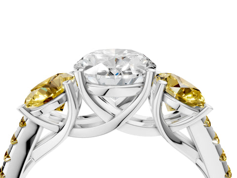 White gold Three-Stone Oval Cut Diamond Ring with Round with Yellow Sapphire side stone Pavé Band and Prong Setting_4