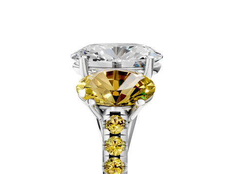 White gold Three-Stone Oval Cut Diamond Ring with Round with Yellow Sapphire side stone Pavé Band and Prong Setting_5