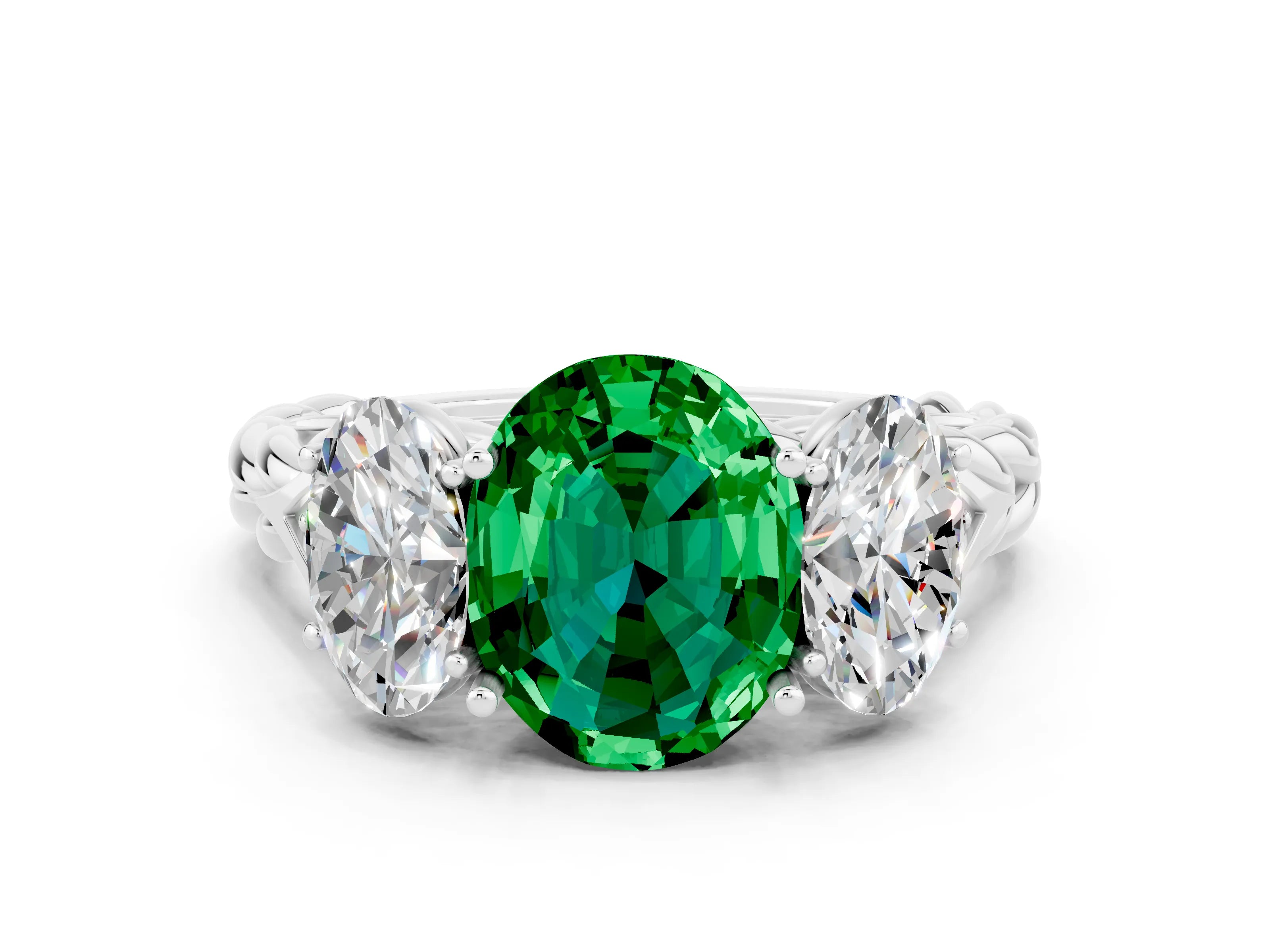 White gold Three-Stone Oval Cut Emerald Braided Band Ring with Four-Prong Setting_48
