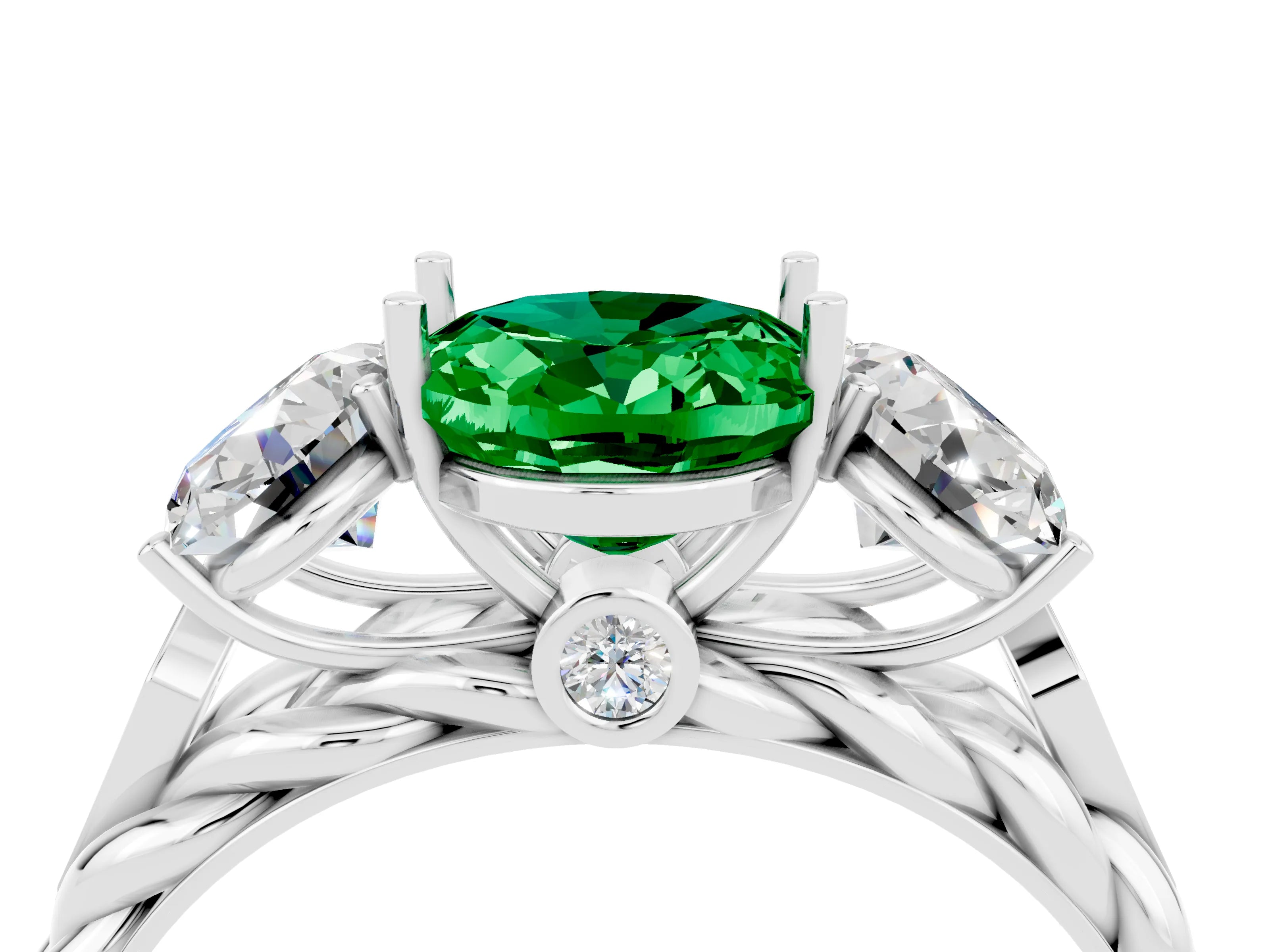 White gold Three-Stone Oval Cut Emerald Braided Band Ring with Four-Prong Setting_48