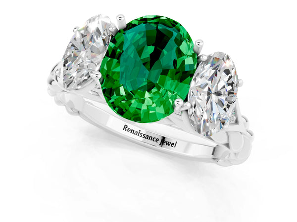 Platinum Three-Stone Oval Cut Emerald Braided Band Ring with Four-Prong Setting