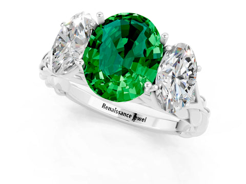 White gold Three-Stone Oval Cut Emerald Braided Band Ring with Four-Prong Setting_49