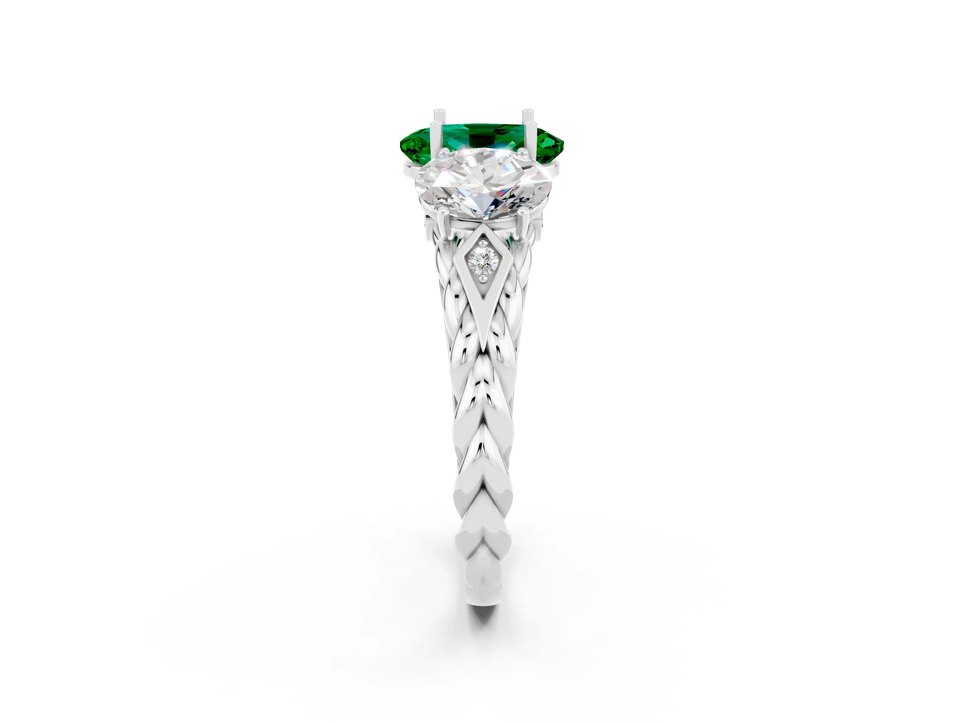 White gold Three-Stone Oval Cut Emerald Braided Band Ring with Four-Prong Setting_50