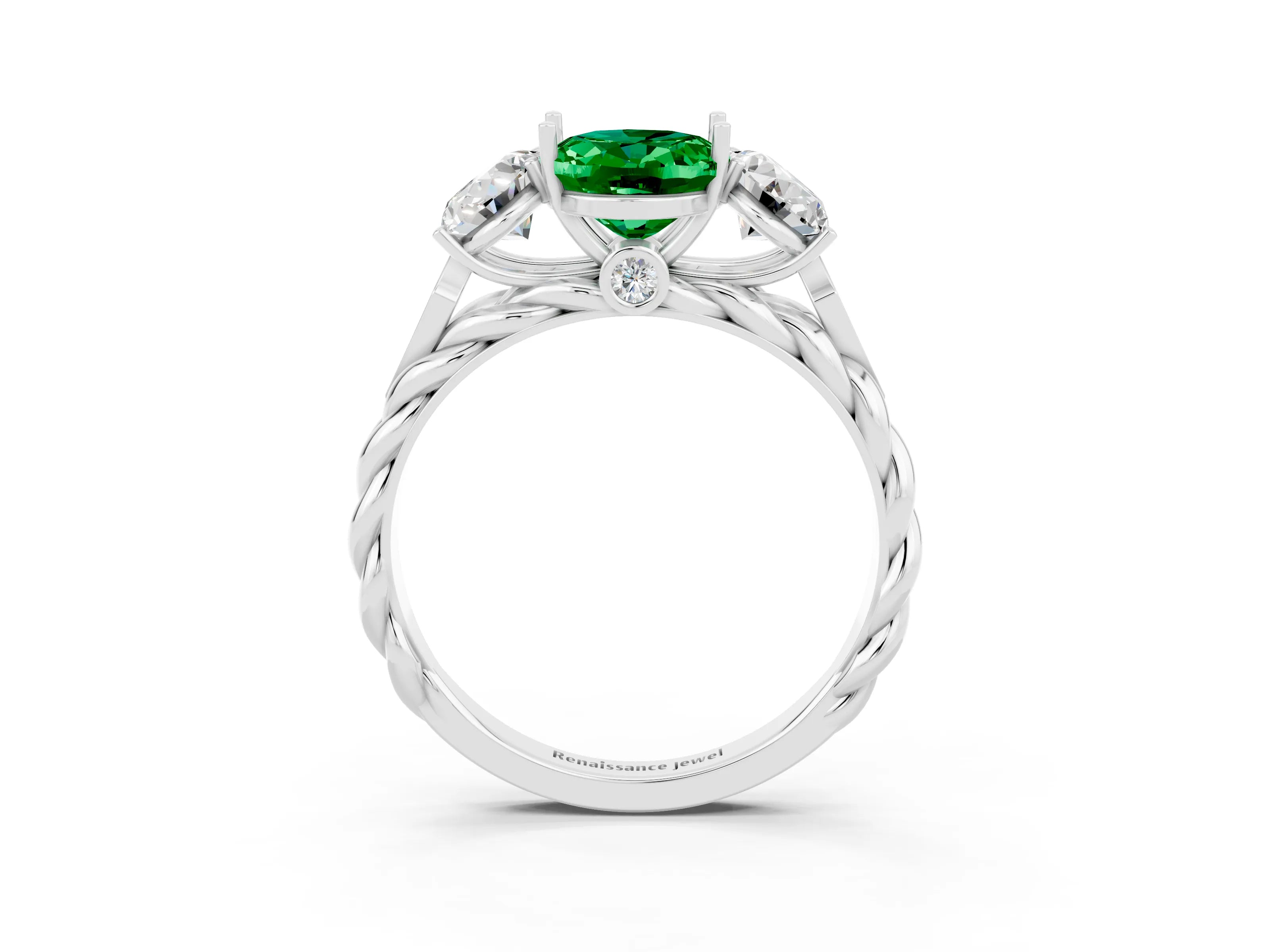 White gold Three-Stone Oval Cut Emerald Braided Band Ring with Four-Prong Setting_51