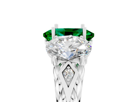 White gold Three-Stone Oval Cut Emerald Braided Band Ring with Four-Prong Setting_53