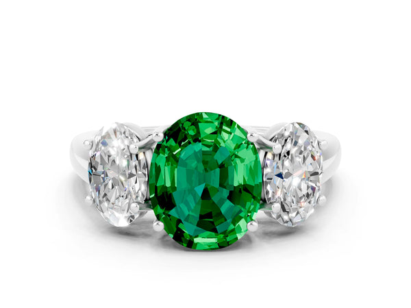 Platinum Three-Stone Oval Cut Emerald Engagement Ring with Prong Setting