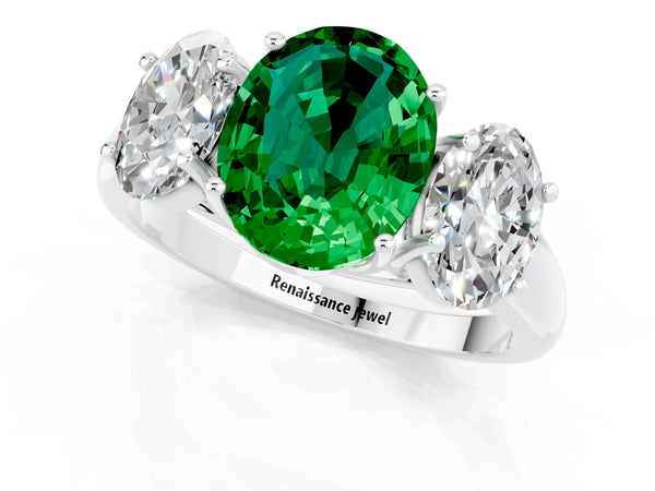 Platinum Three-Stone Oval Cut Emerald Engagement Ring with Prong Setting