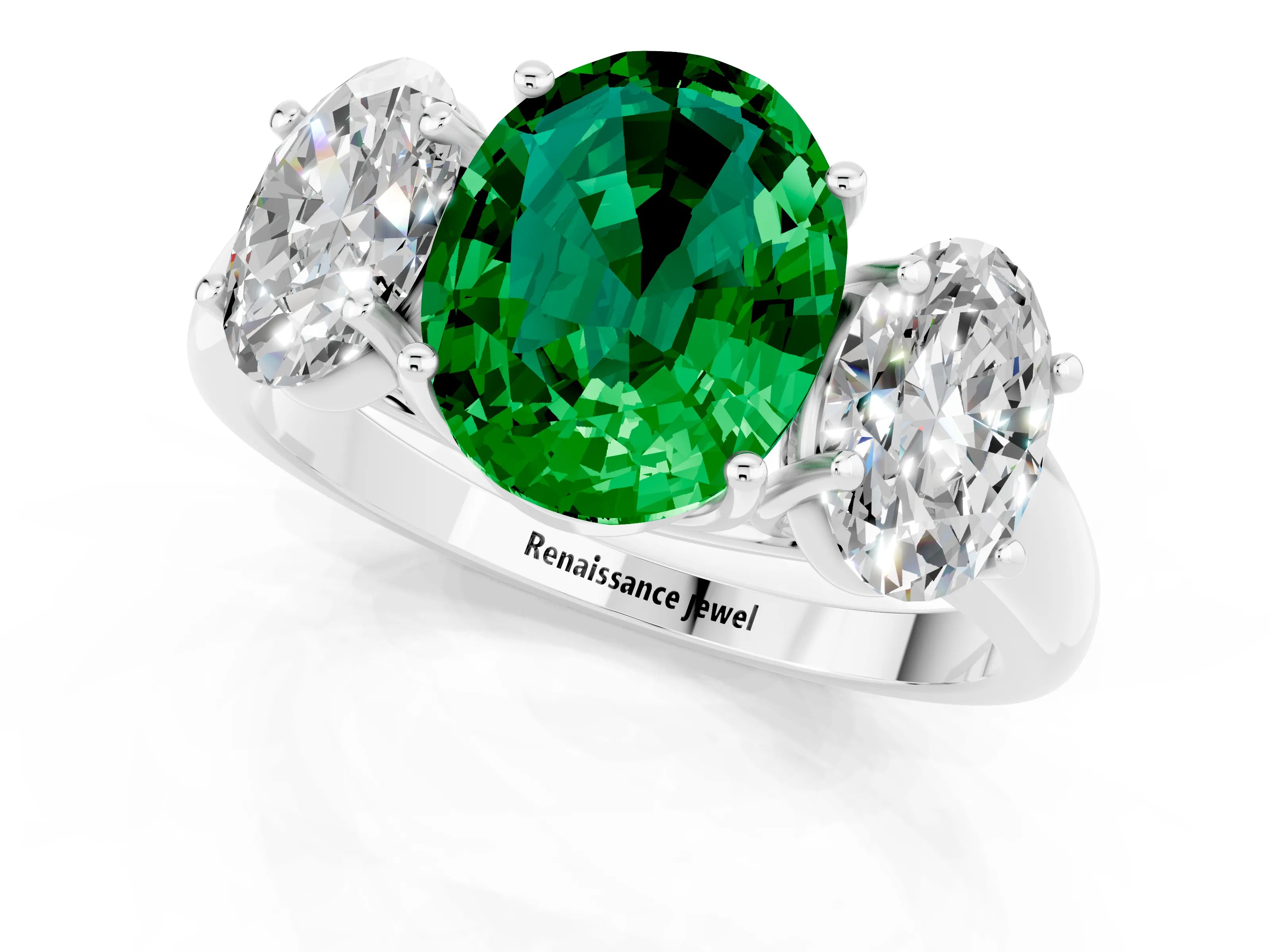 White gold Three-Stone Oval Cut Emerald Engagement Ring with Prong Setting_1