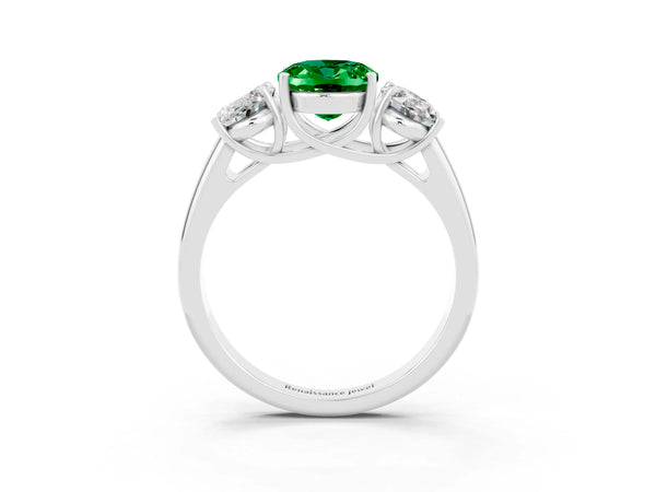 Silver Three-Stone Oval Cut Emerald Engagement Ring with Prong Setting