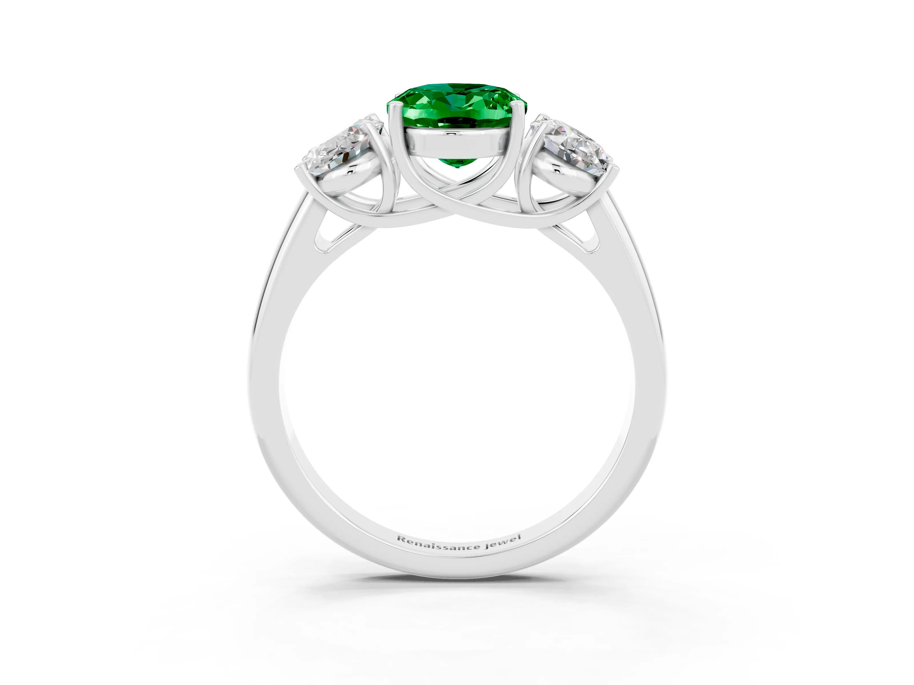 White gold Three-Stone Oval Cut Emerald Engagement Ring with Prong Setting_3
