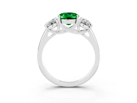 White gold Three-Stone Oval Cut Emerald Engagement Ring with Prong Setting_3