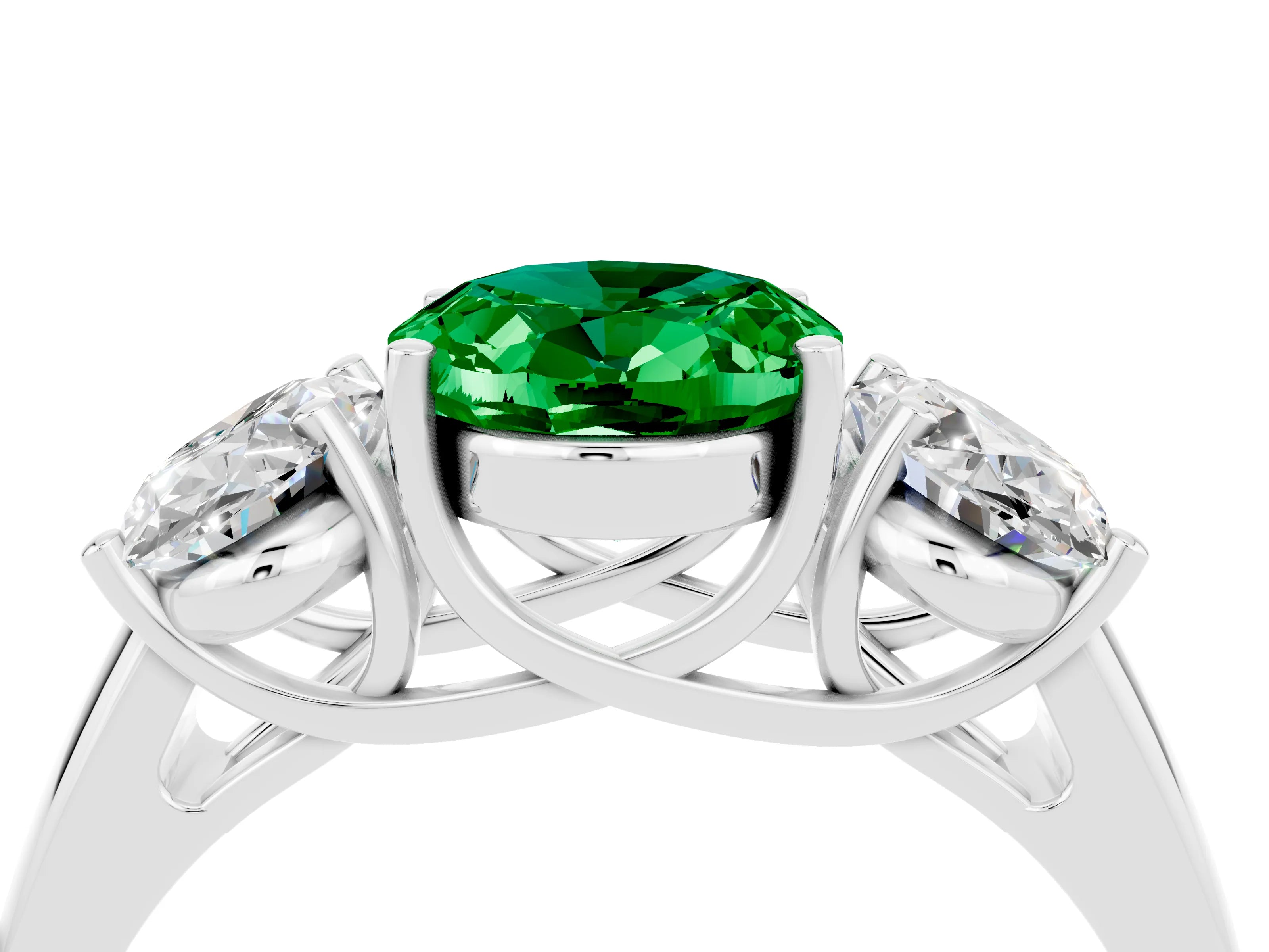 White gold Three-Stone Oval Cut Emerald Engagement Ring with Prong Setting_4