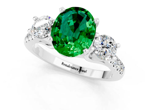 White gold Three-Stone Oval Cut Emerald Pavé Band with Four-Prong Setting_1