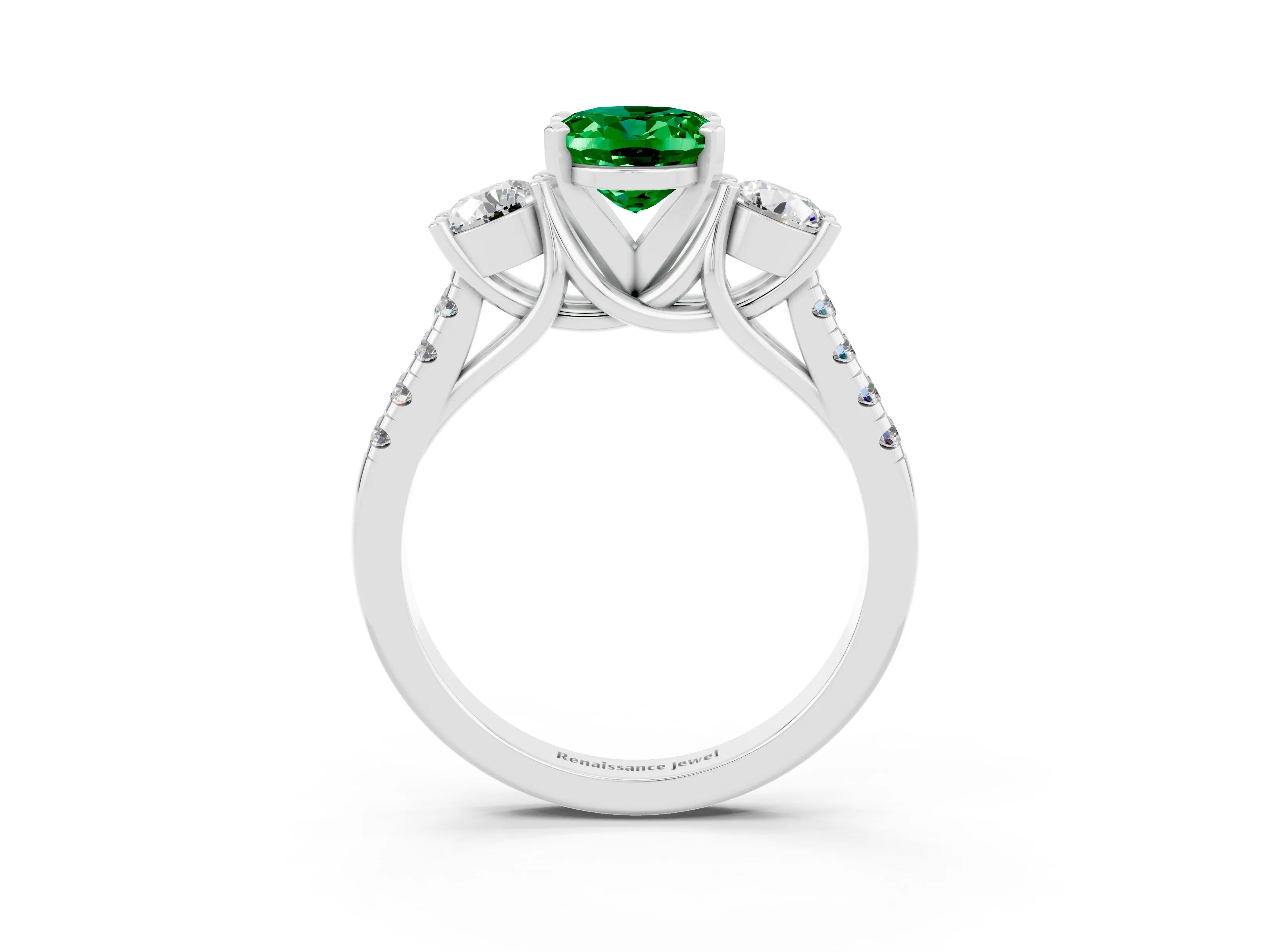 White gold Three-Stone Oval Cut Emerald Pavé Band with Four-Prong Setting_3