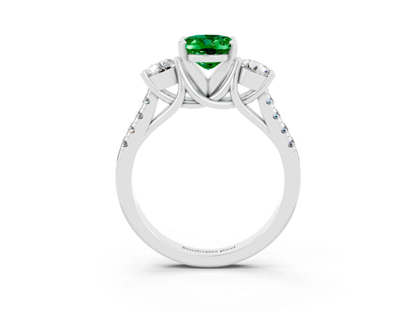 Silver Three-Stone Oval Cut Emerald Pavé Band with Four-Prong Setting