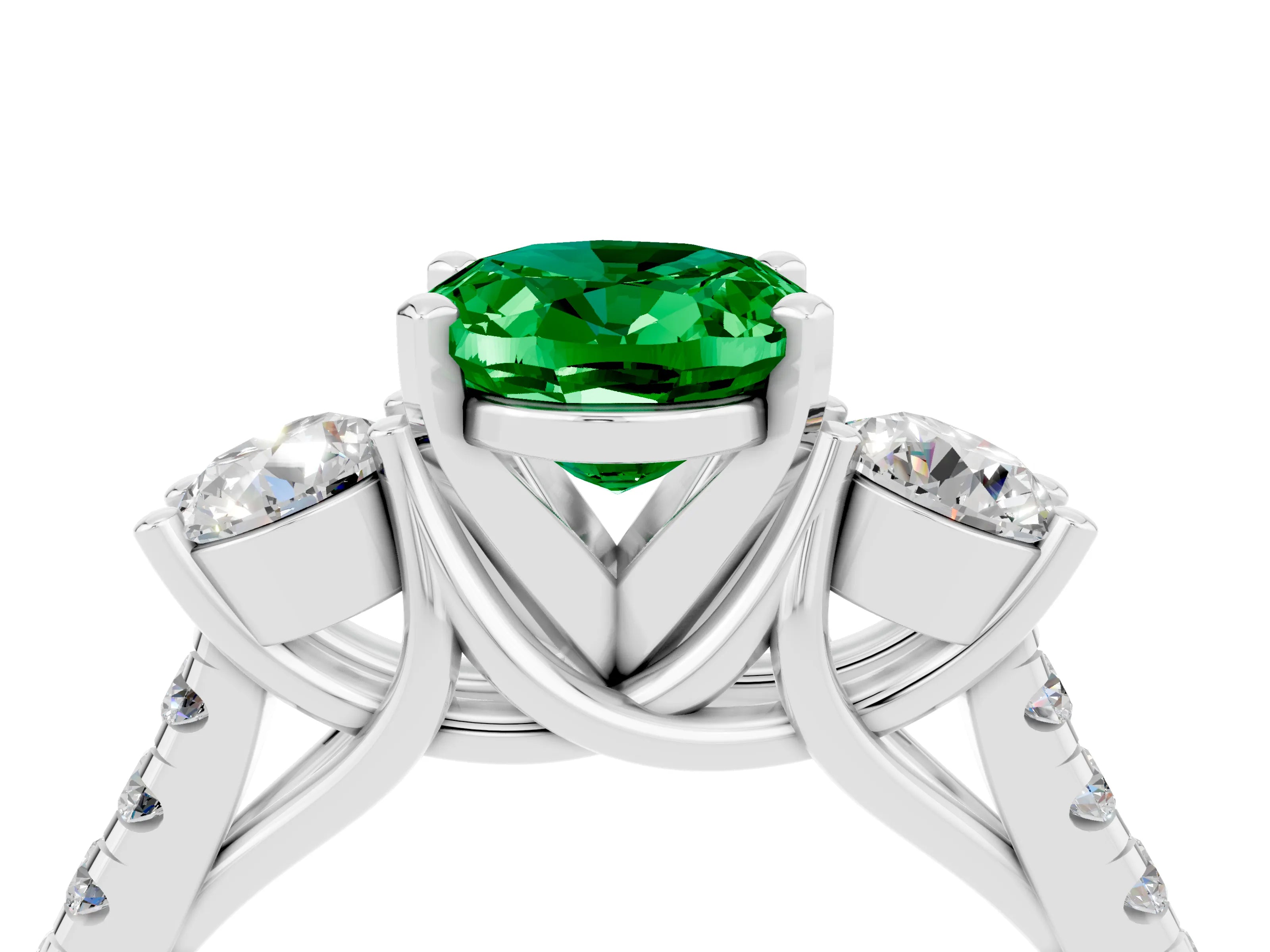 White gold Three-Stone Oval Cut Emerald Pavé Band with Four-Prong Setting_4