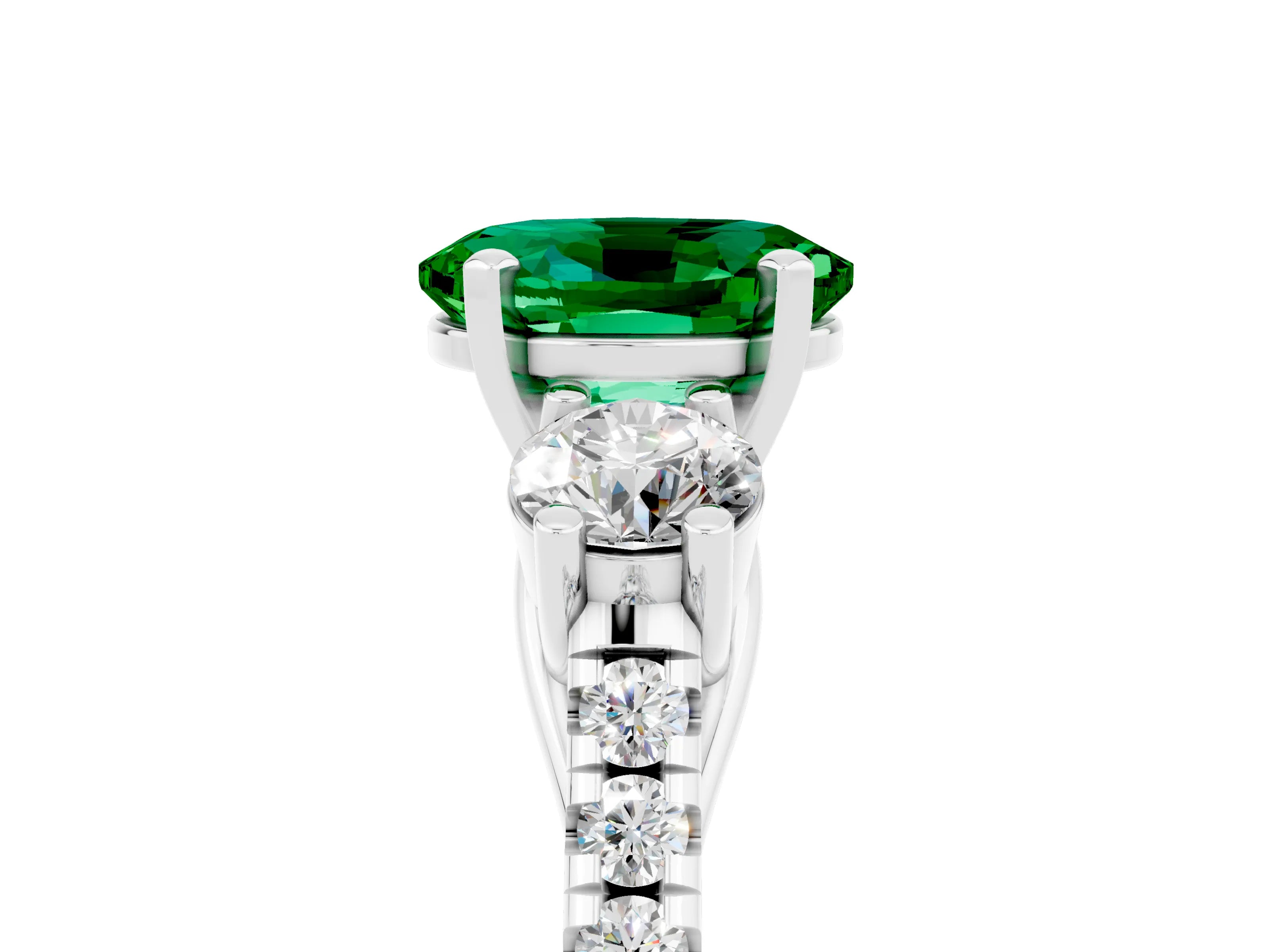 White gold Three-Stone Oval Cut Emerald Pavé Band with Four-Prong Setting_5