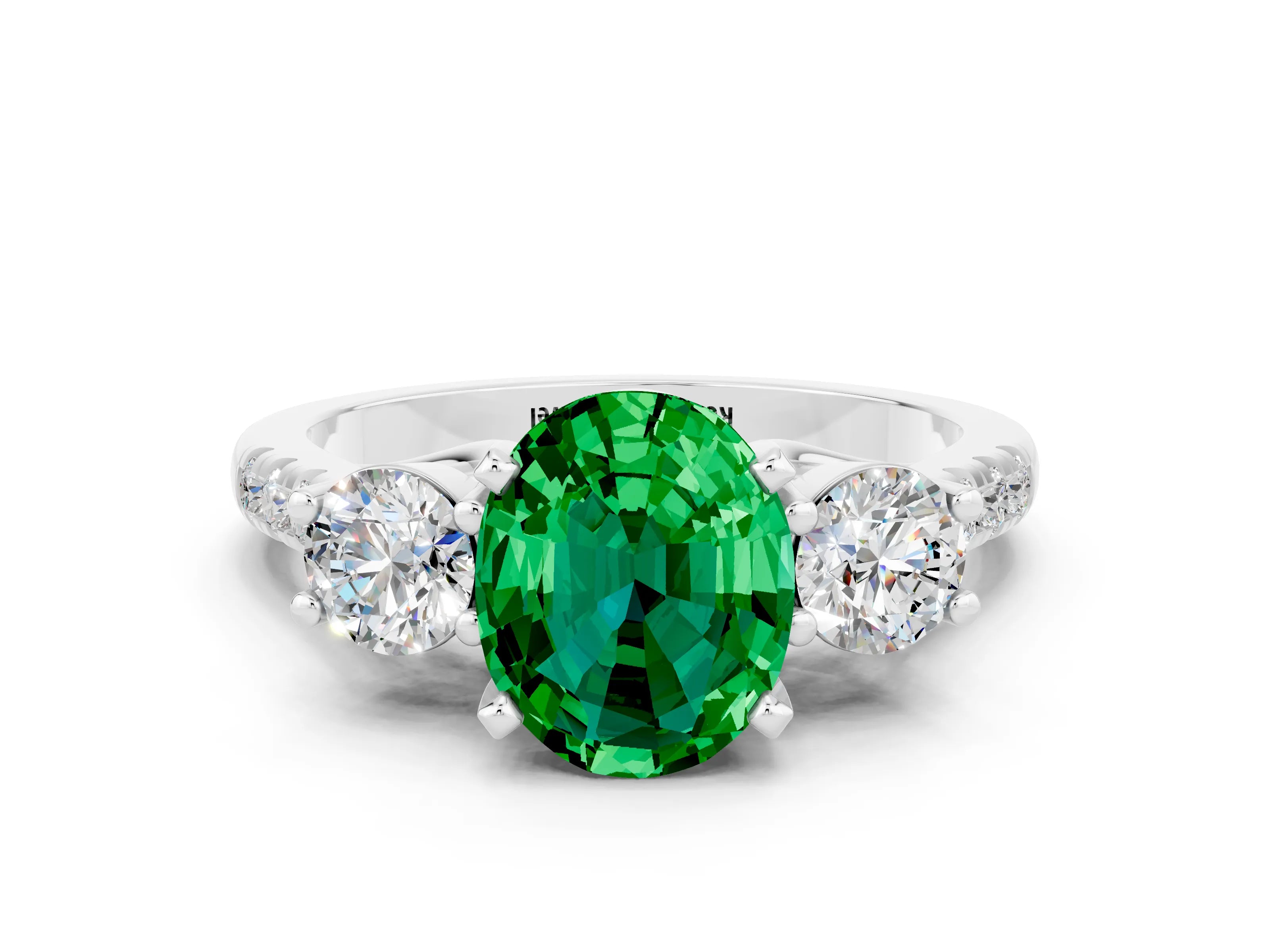 White gold Three-Stone Oval Cut Emerald Pavé Band with Four-Prong Setting