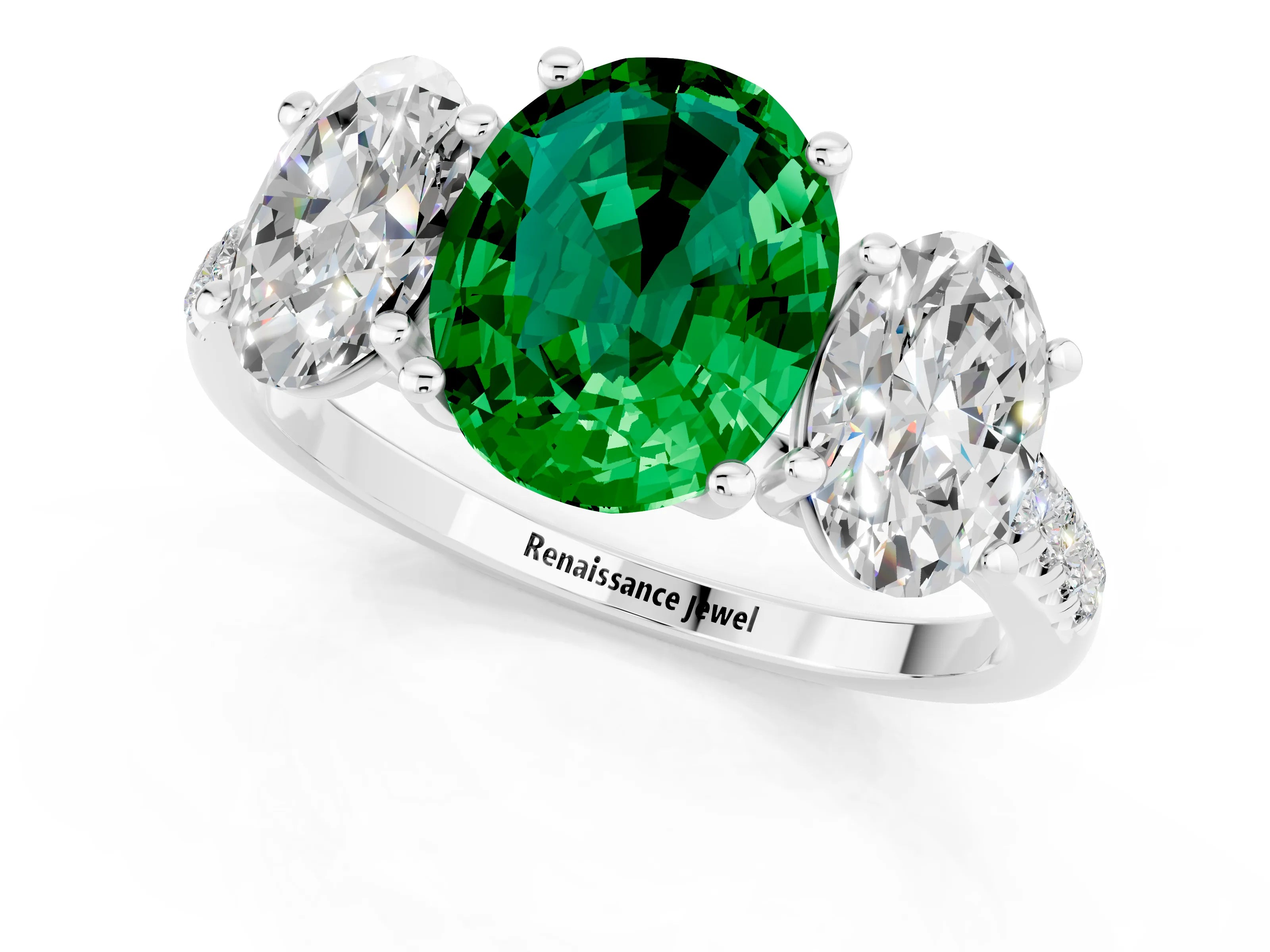 White gold Three-Stone Oval Cut Emerald Ring with Pavé Band and Prong Setting_13