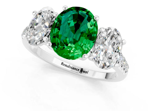 White gold Three-Stone Oval Cut Emerald Ring with Pavé Band and Prong Setting_13