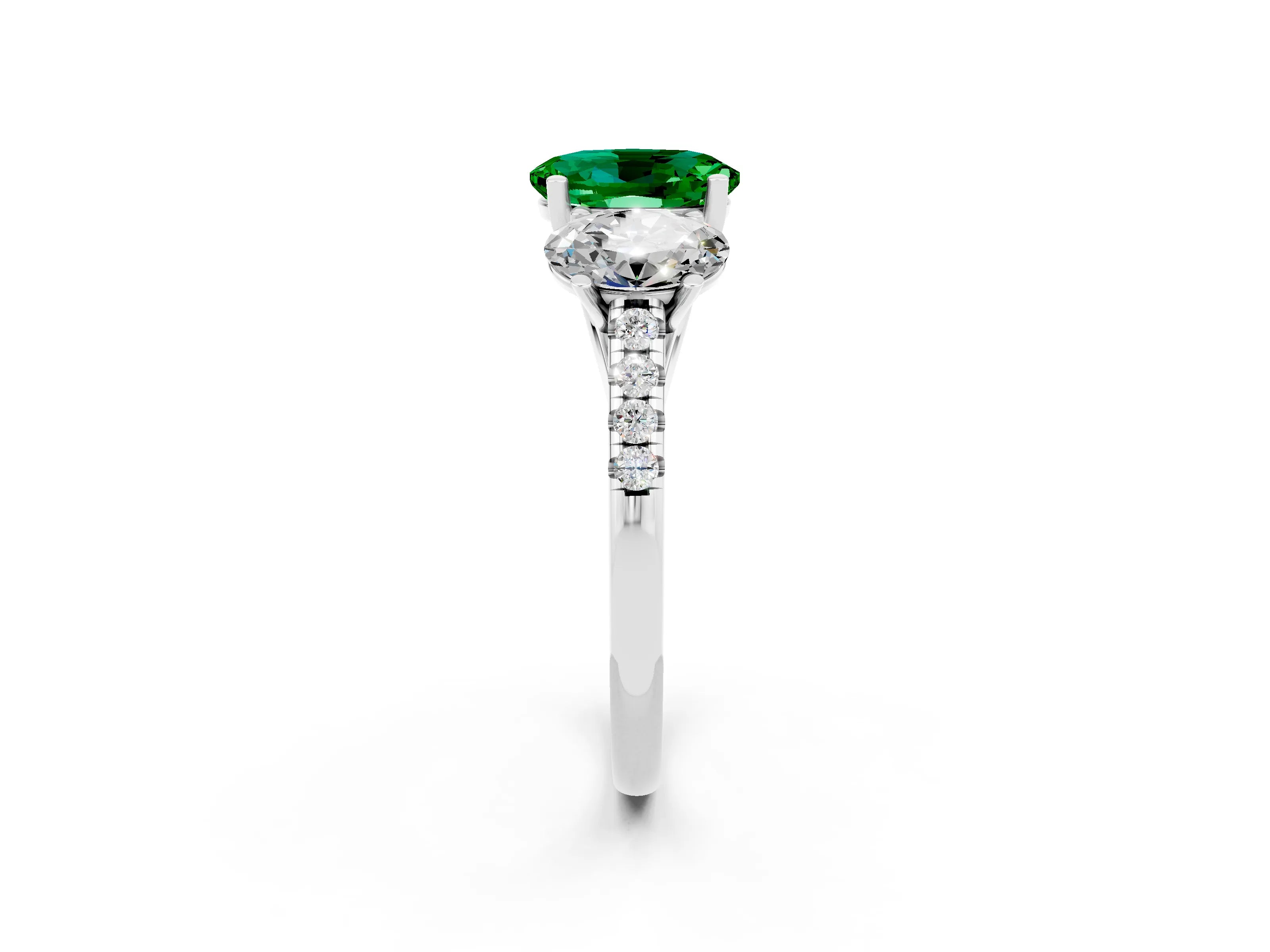 White gold Three-Stone Oval Cut Emerald Ring with Pavé Band and Prong Setting_14