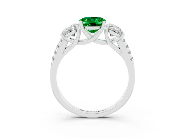 Silver Three-Stone Oval Cut Emerald Ring with Round  Pavé Band and Prong Setting