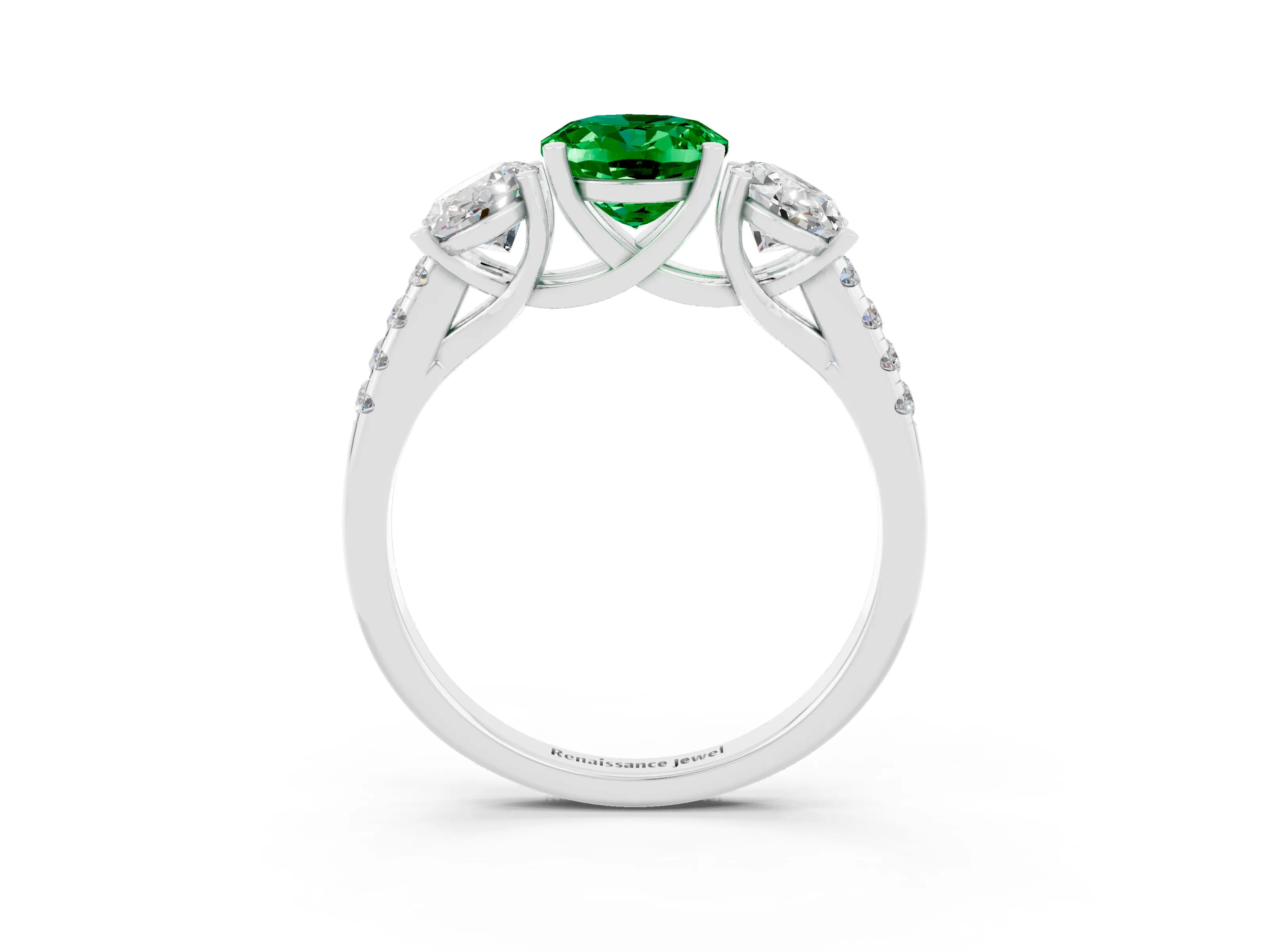 White gold Three-Stone Oval Cut Emerald Ring with Pavé Band and Prong Setting_15