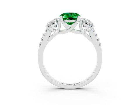 White gold Three-Stone Oval Cut Emerald Ring with Pavé Band and Prong Setting_15