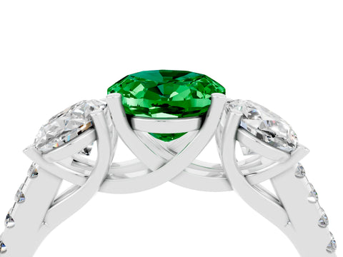 White gold Three-Stone Oval Cut Emerald Ring with Pavé Band and Prong Setting_16