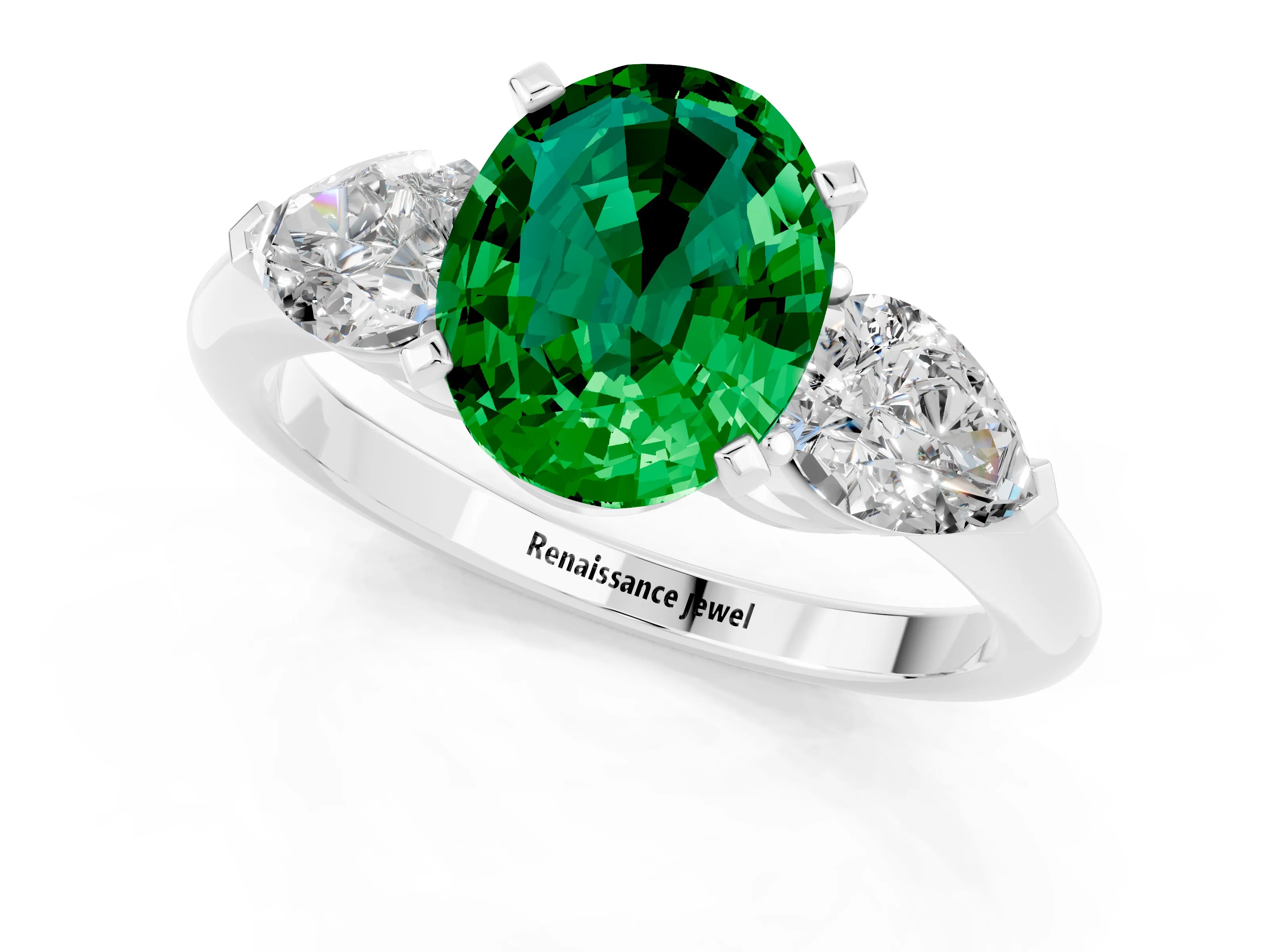 White gold Three-Stone Oval Cut Emerald Ring with Pear Side Stones and Four-Prong Setting_1
