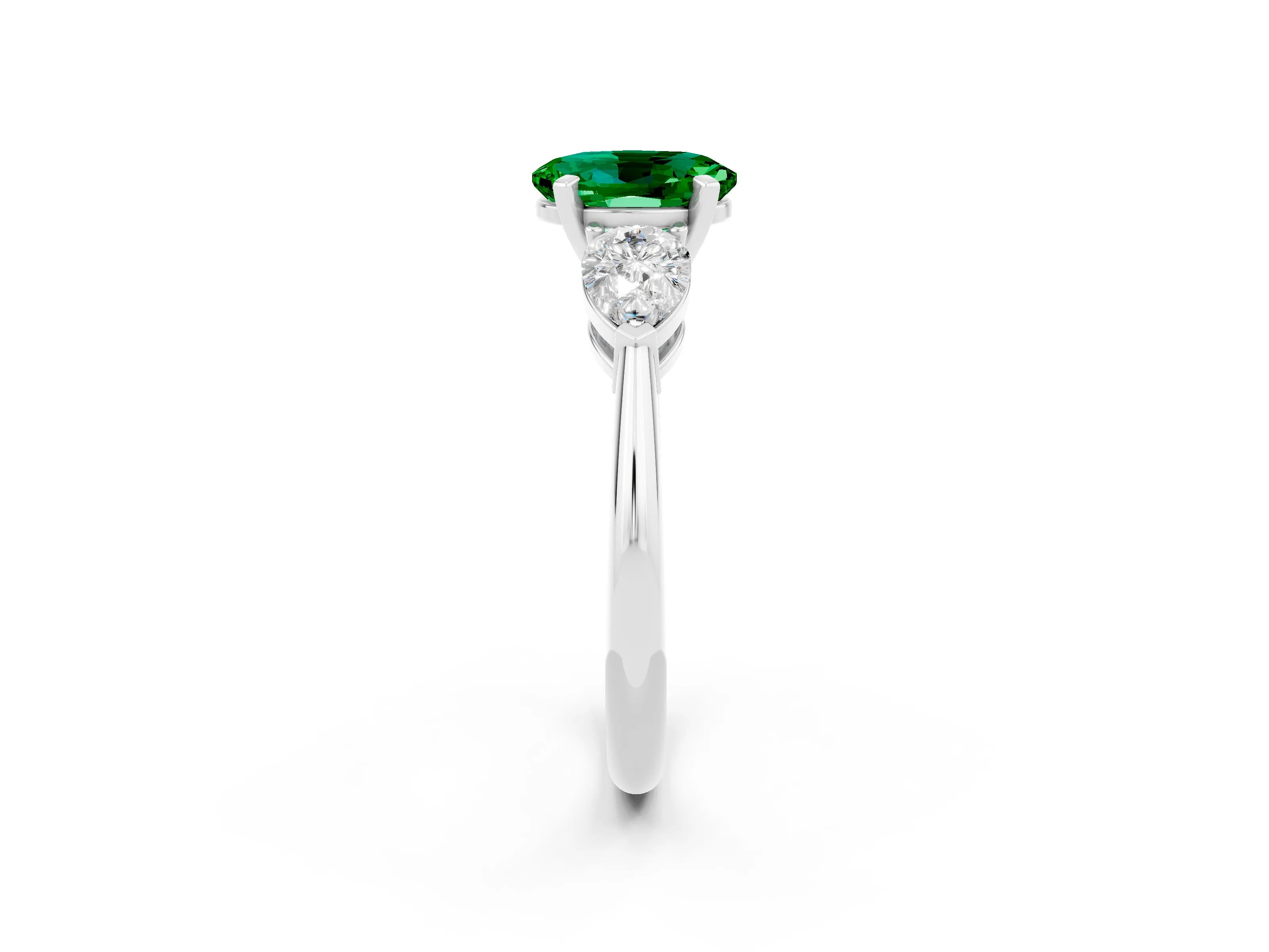White gold Three-Stone Oval Cut Emerald Ring with Pear Side Stones and Four-Prong Setting_2