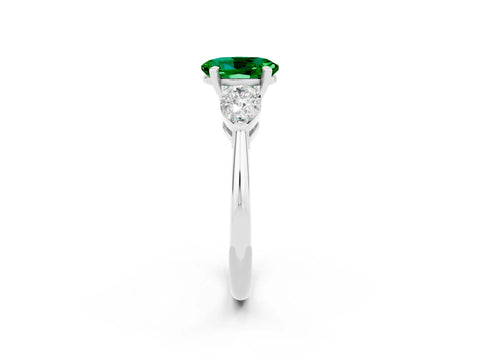 White gold Three-Stone Oval Cut Emerald Ring with Pear Side Stones and Four-Prong Setting_2