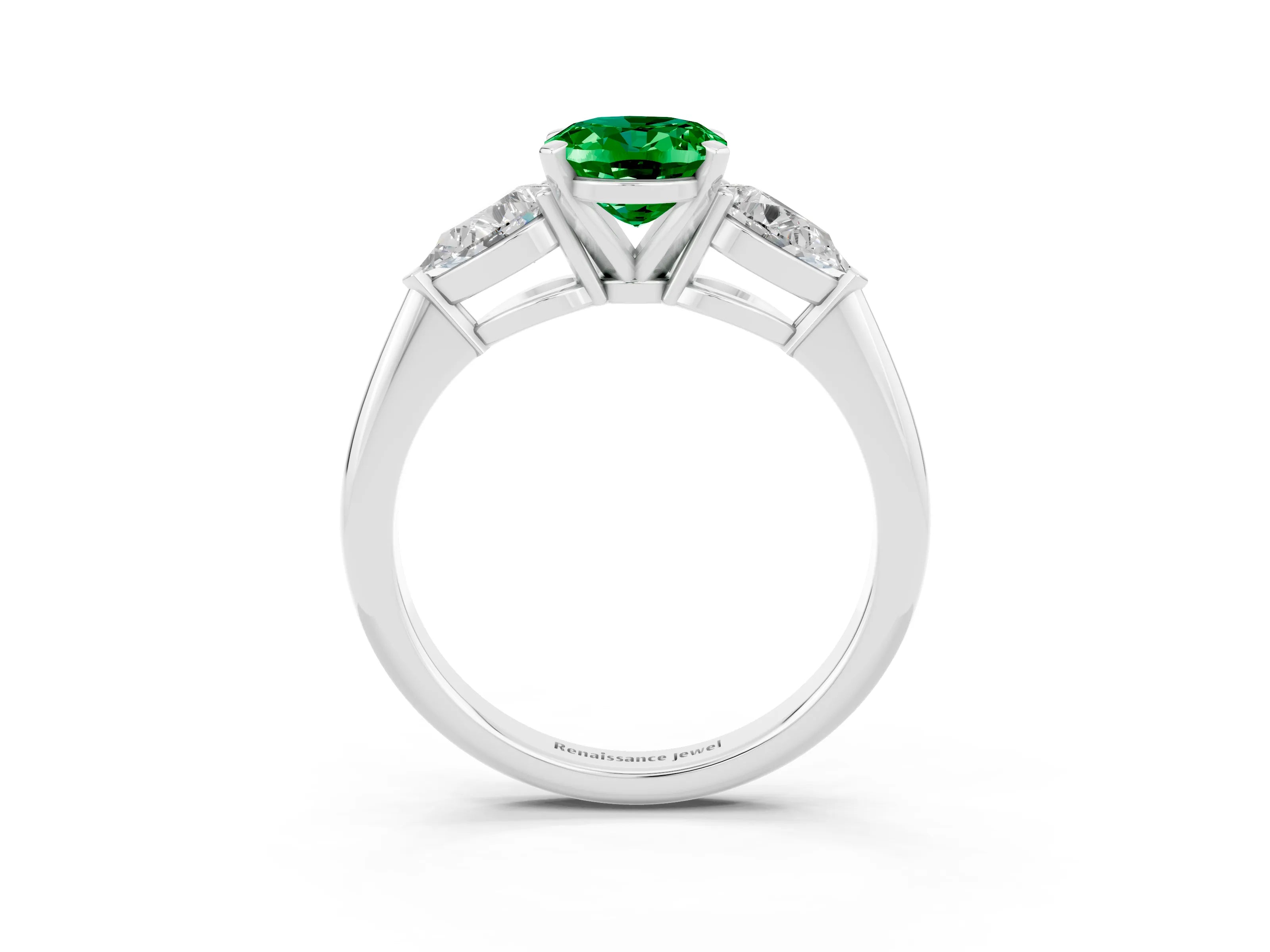 White gold Three-Stone Oval Cut Emerald Ring with Pear Side Stones and Four-Prong Setting_3