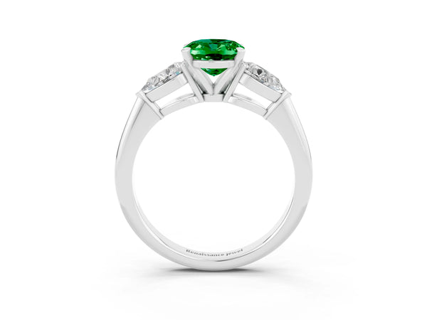 Silver Three-Stone Oval Cut Emerald Ring with Pear Side Stones and Four-Prong Setting