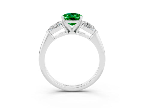 White gold Three-Stone Oval Cut Emerald Ring with Pear Side Stones and Four-Prong Setting_3