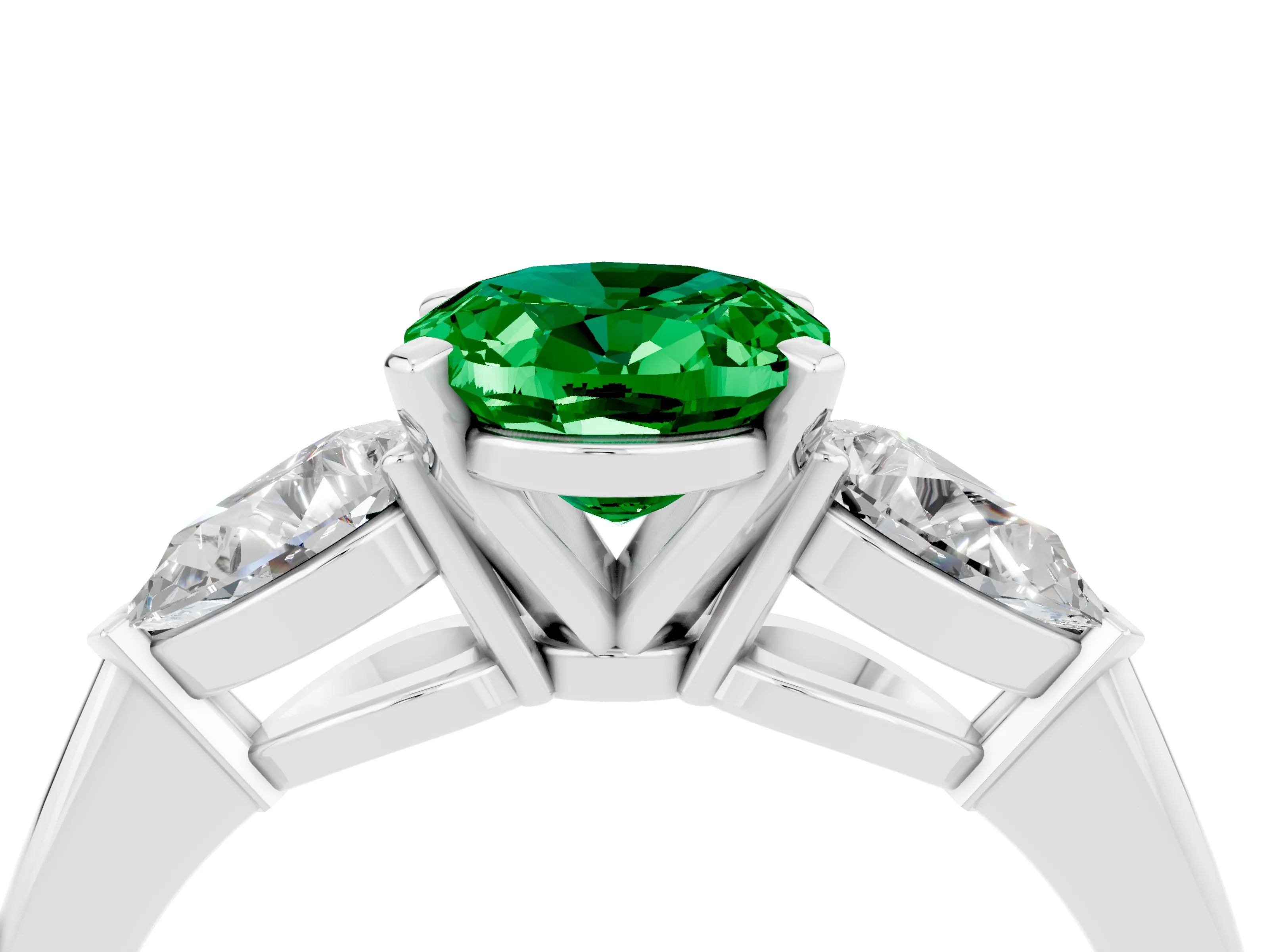 White gold Three-Stone Oval Cut Emerald Ring with Pear Side Stones and Four-Prong Setting_4