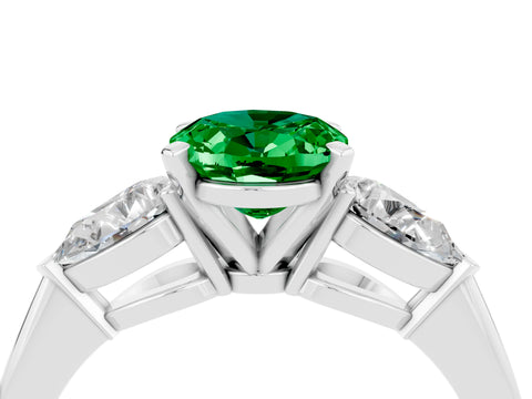 White gold Three-Stone Oval Cut Emerald Ring with Pear Side Stones and Four-Prong Setting_4