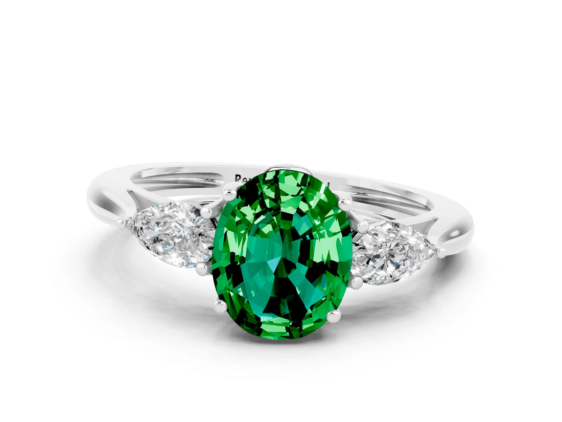 White gold Three-Stone Oval Cut Emerald Ring with Pear  Side Stones in Four-Prong Setting_12