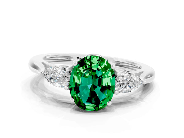 Silver Three-Stone Oval Cut Emerald Ring with Pear  Side Stones in Four-Prong Setting