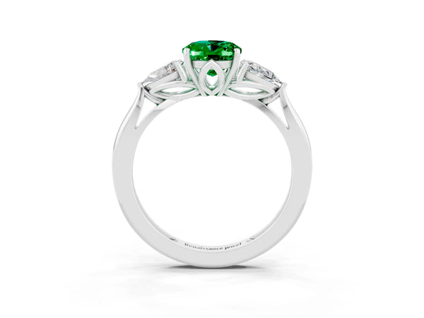 Platinum Three-Stone Oval Cut Emerald Ring with Pear  Side Stones in Four-Prong Setting